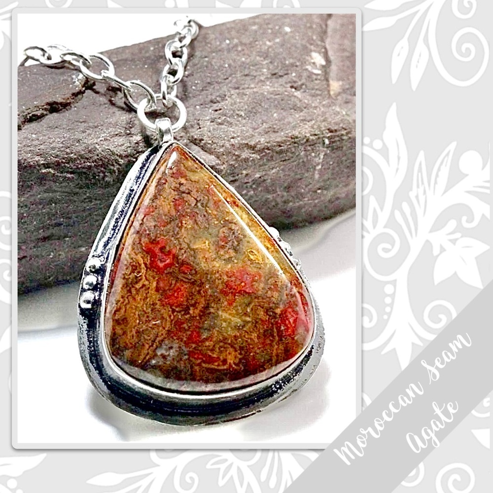 Moroccan Seam Agate Eclectic Silver Artisan Necklace, 19” Maroon Red, Rust Brown